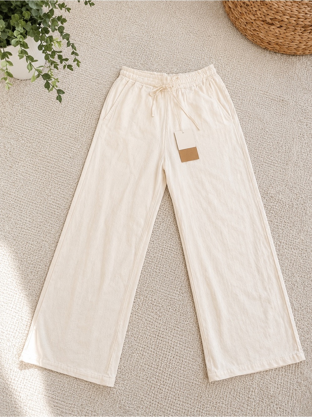Casual Wide-Leg Drawstring Pants in Cream